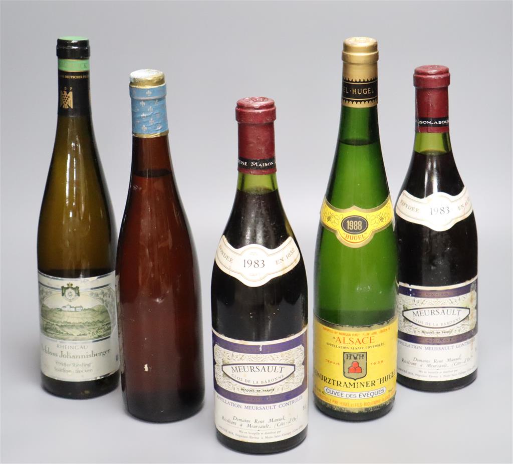 Two bottles of Meursault Clos de la Baronne, 1983 & three white wines.
